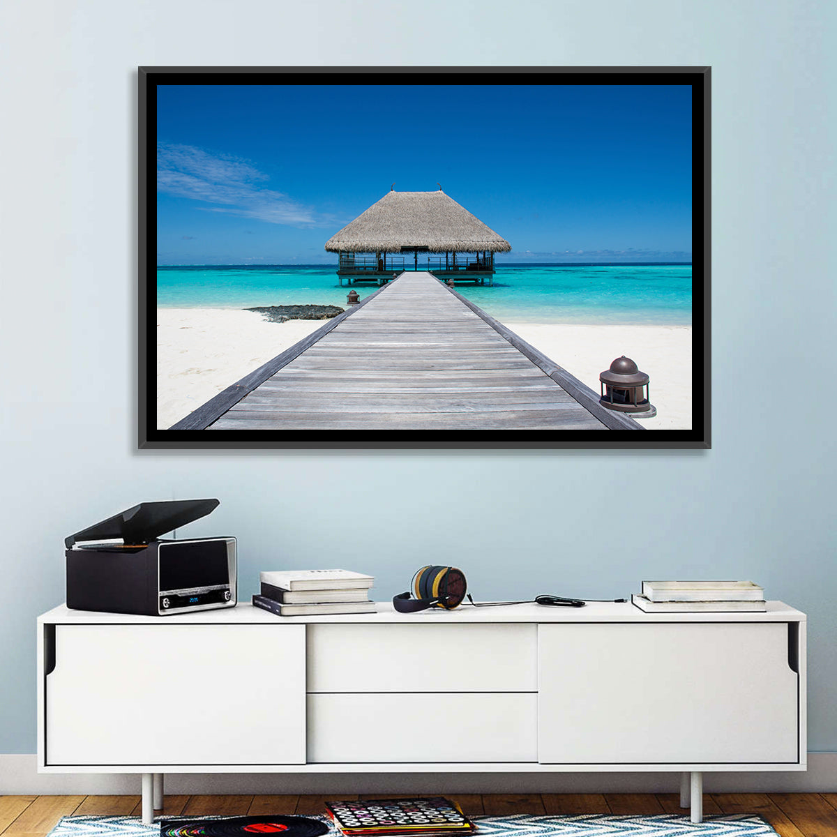 Maldives Turquoise Pier Wall Art in a room, landscape
