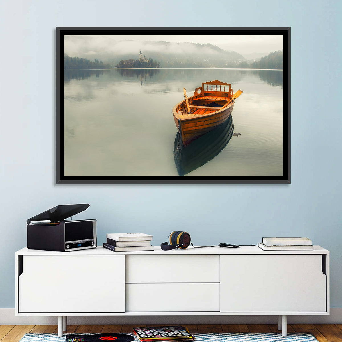 Wooden Boat on Misty Lake Bled Wall Art in a room, landscape