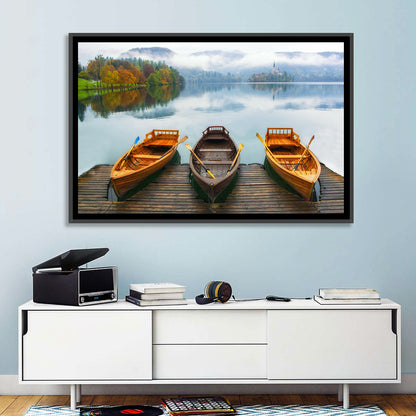 Moored Boats on Misty Lake Bled Wall Art
