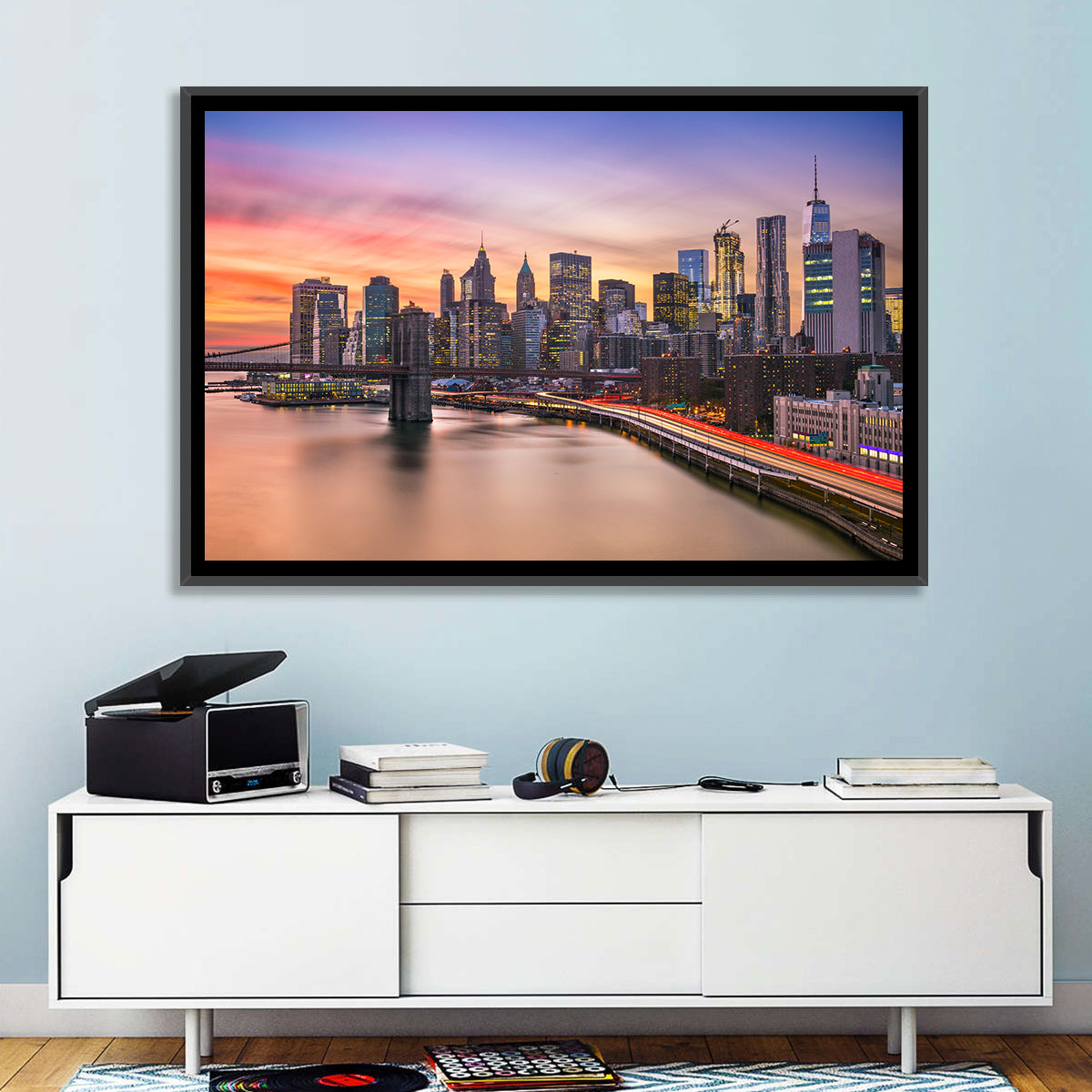Brooklyn Bridge Light Trails Over Lower Manhattan Wall Art