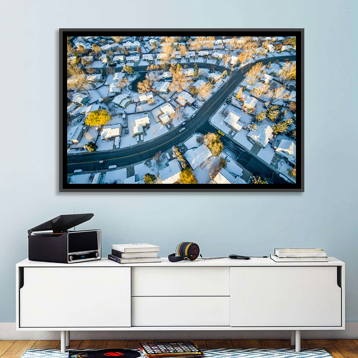 Snowy Fort Collins Neighborhood Aerial Wall Art in a room, landscape