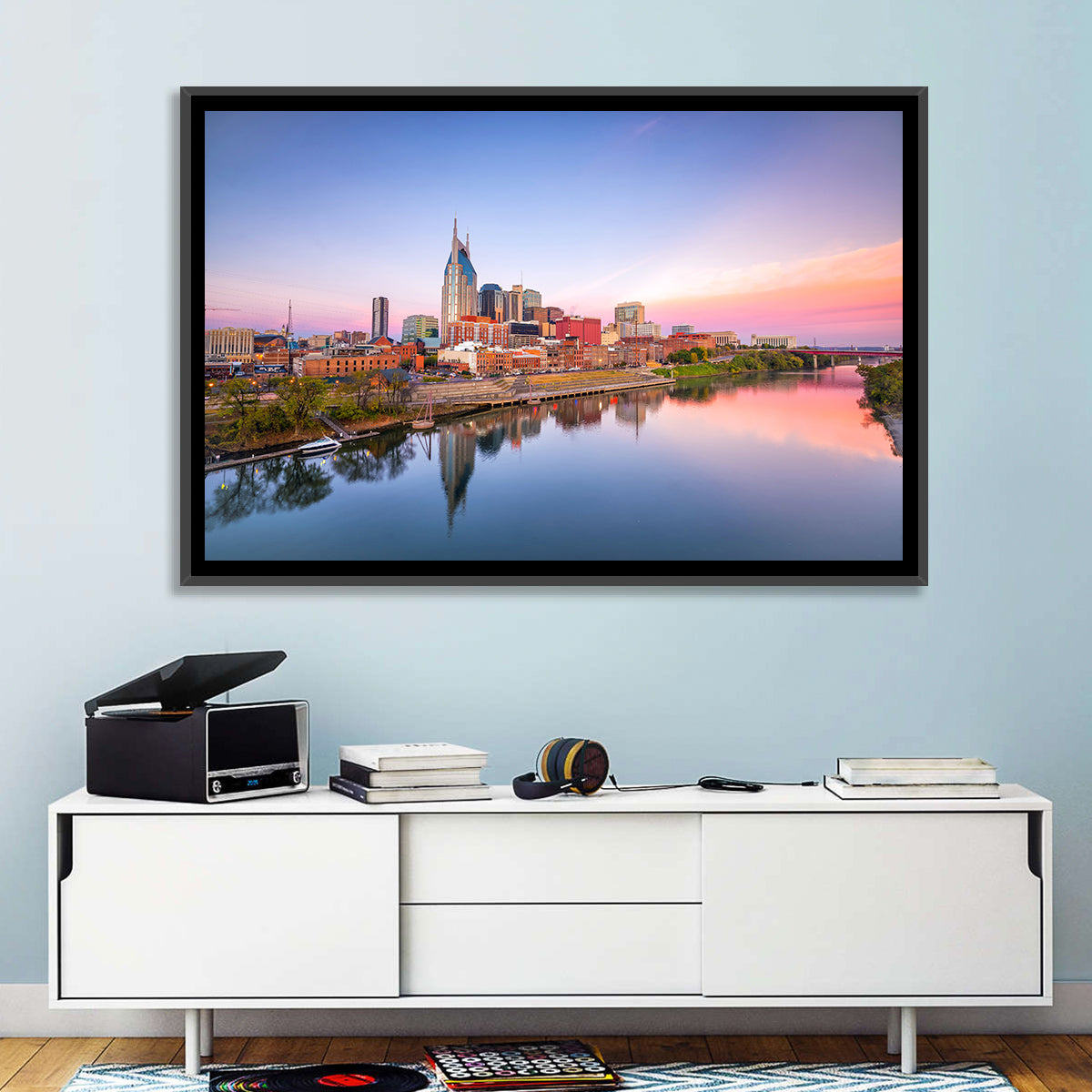 Nashville Skyline at Dusk Wall Art in a room, landscape