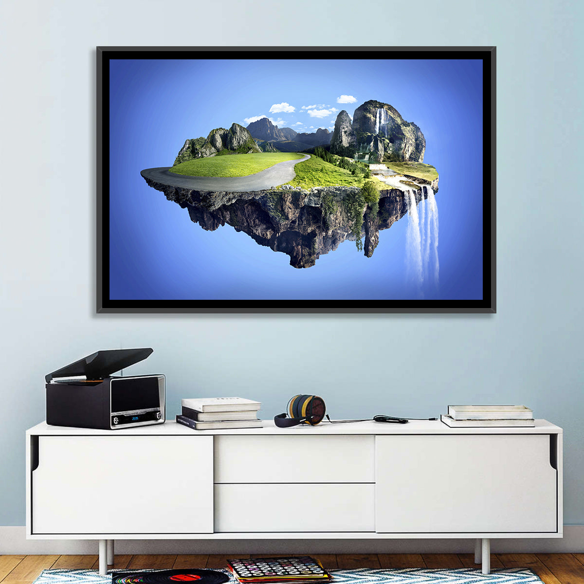 Surreal Floating Island with Waterfalls Wall Art in a room, landscape