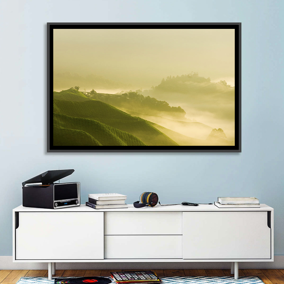 Tea Plantation Morning Mist Wall Art in a room, landscape