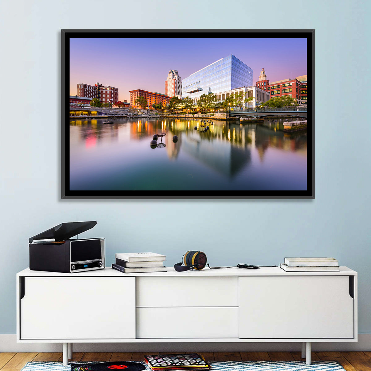 Providence River Skyline at Twilight Wall Art in a room, landscape