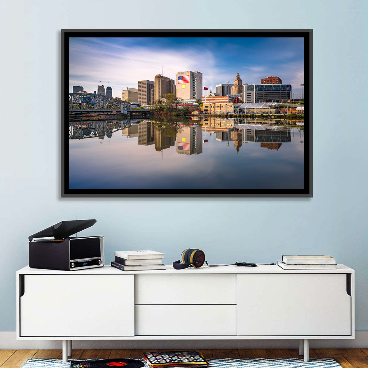 Newark Skyline Reflection Wall Art in a room, landscape