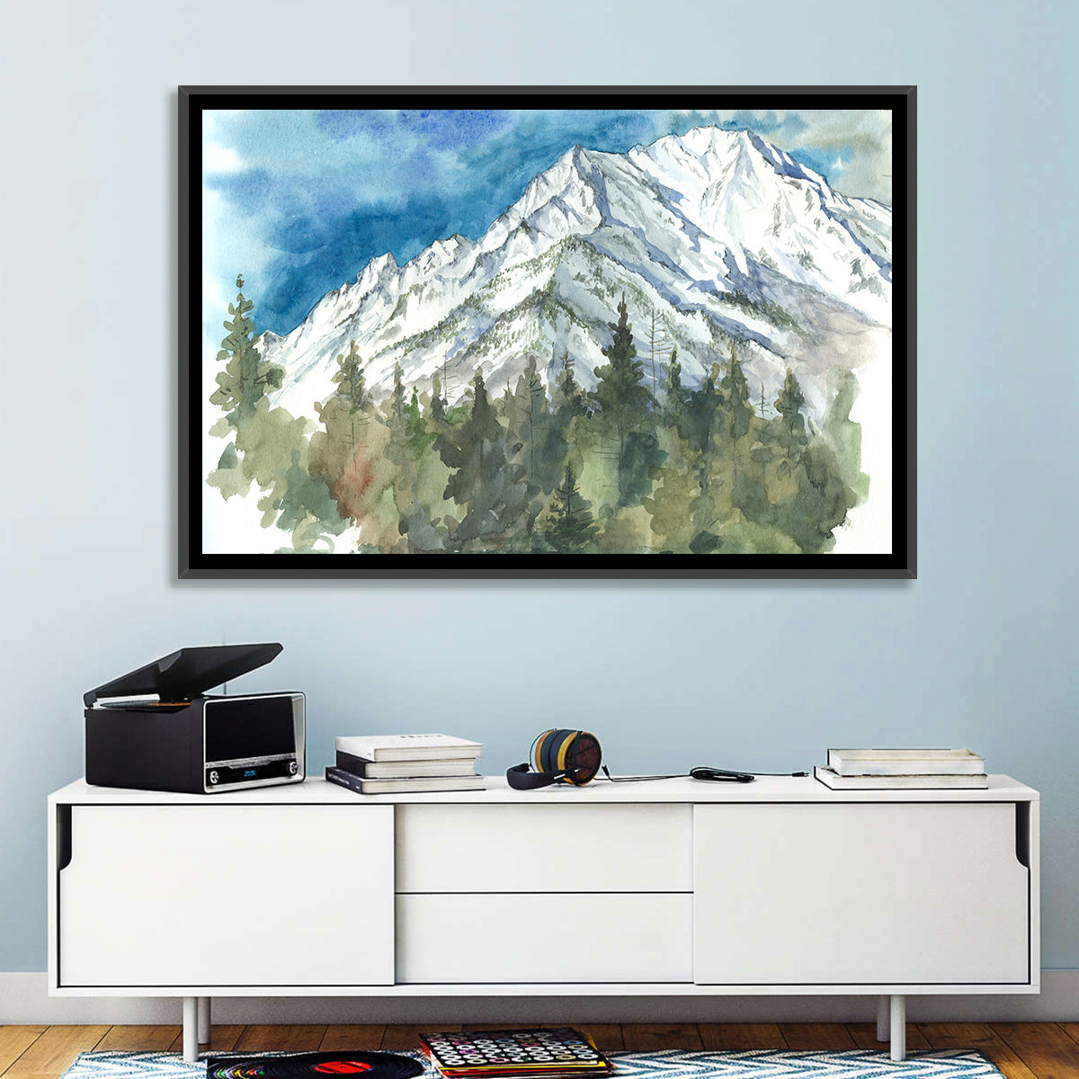 Snowy Mountain Watercolor Wall Art in a room, landscape