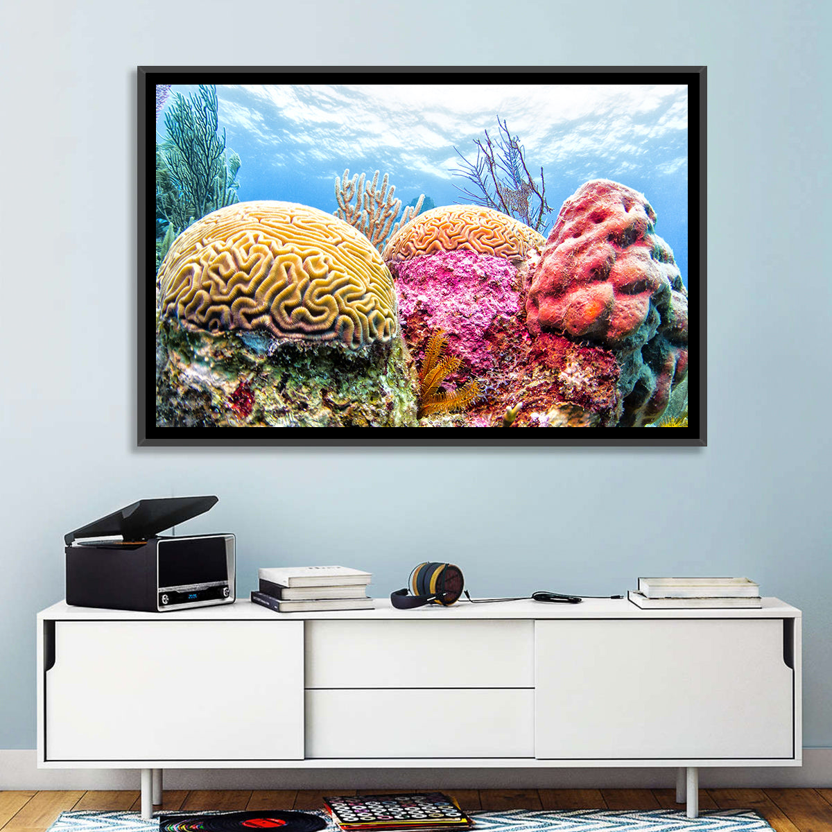 Vibrant Brain Coral Reef Wall Art in a room, landscape