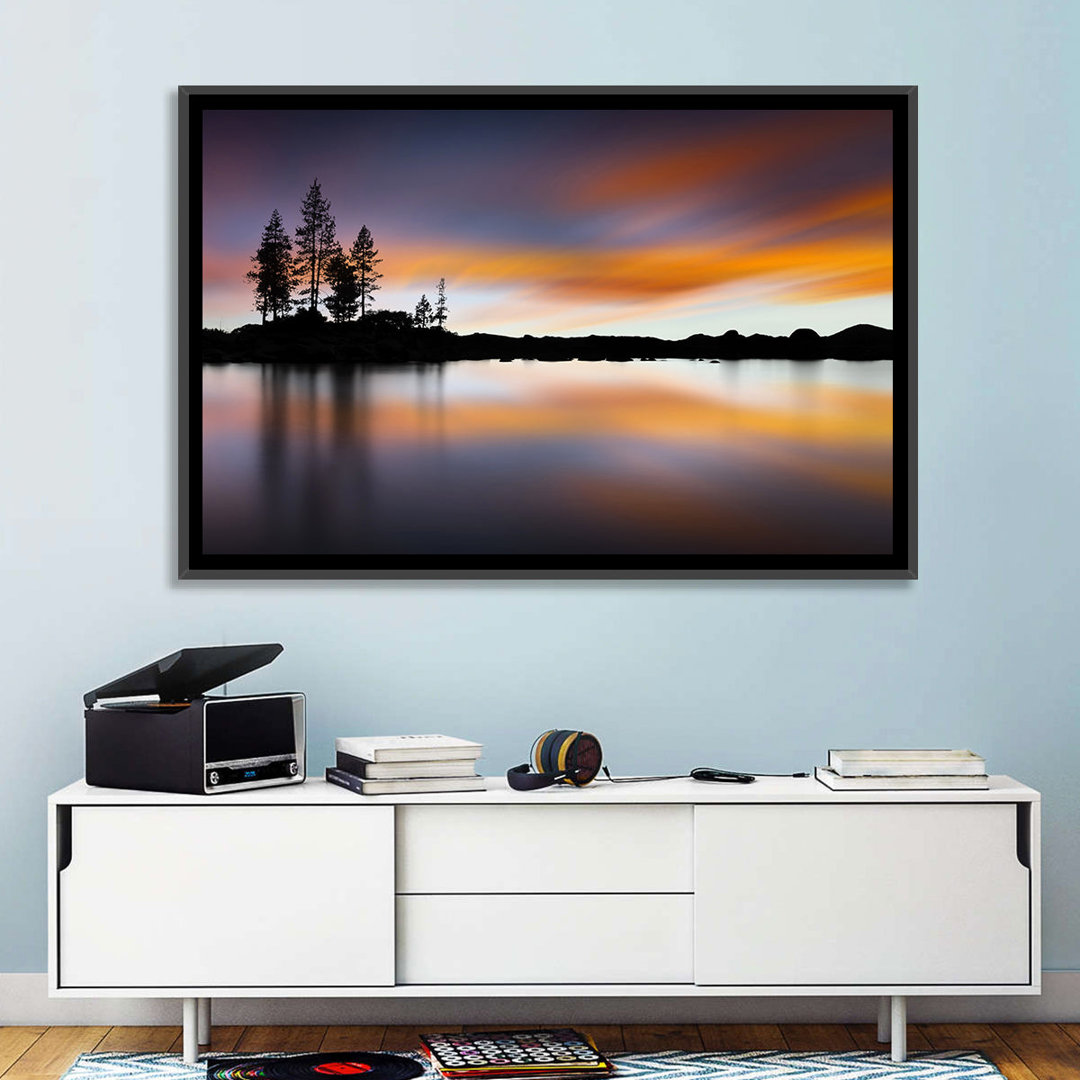 Lake Tahoe Golden Hour Reflection Wall Art in a room, landscape