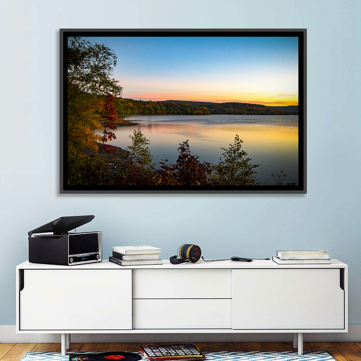 Lake Scranton Sunset Wall Art in a room, landscape