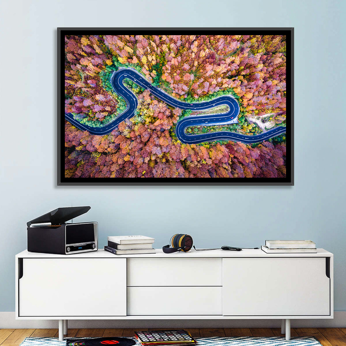Aerial Winding Road Wall Art in a room, landscape