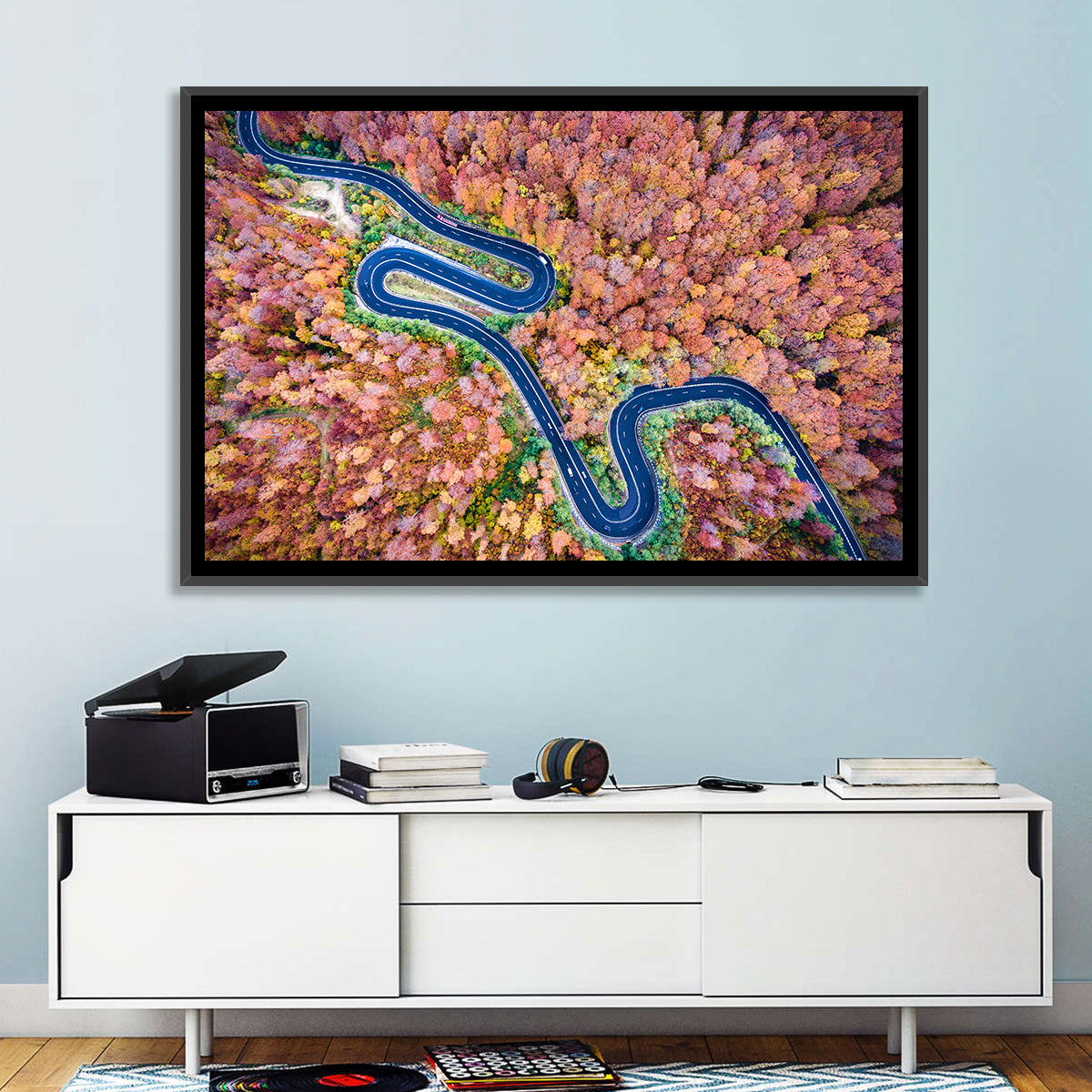 Serpentine Autumn Road Wall Art in a room, landscape