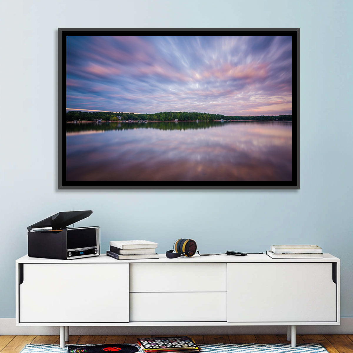 Lake Norman Morning Reflection Wall Art in a room, landscape