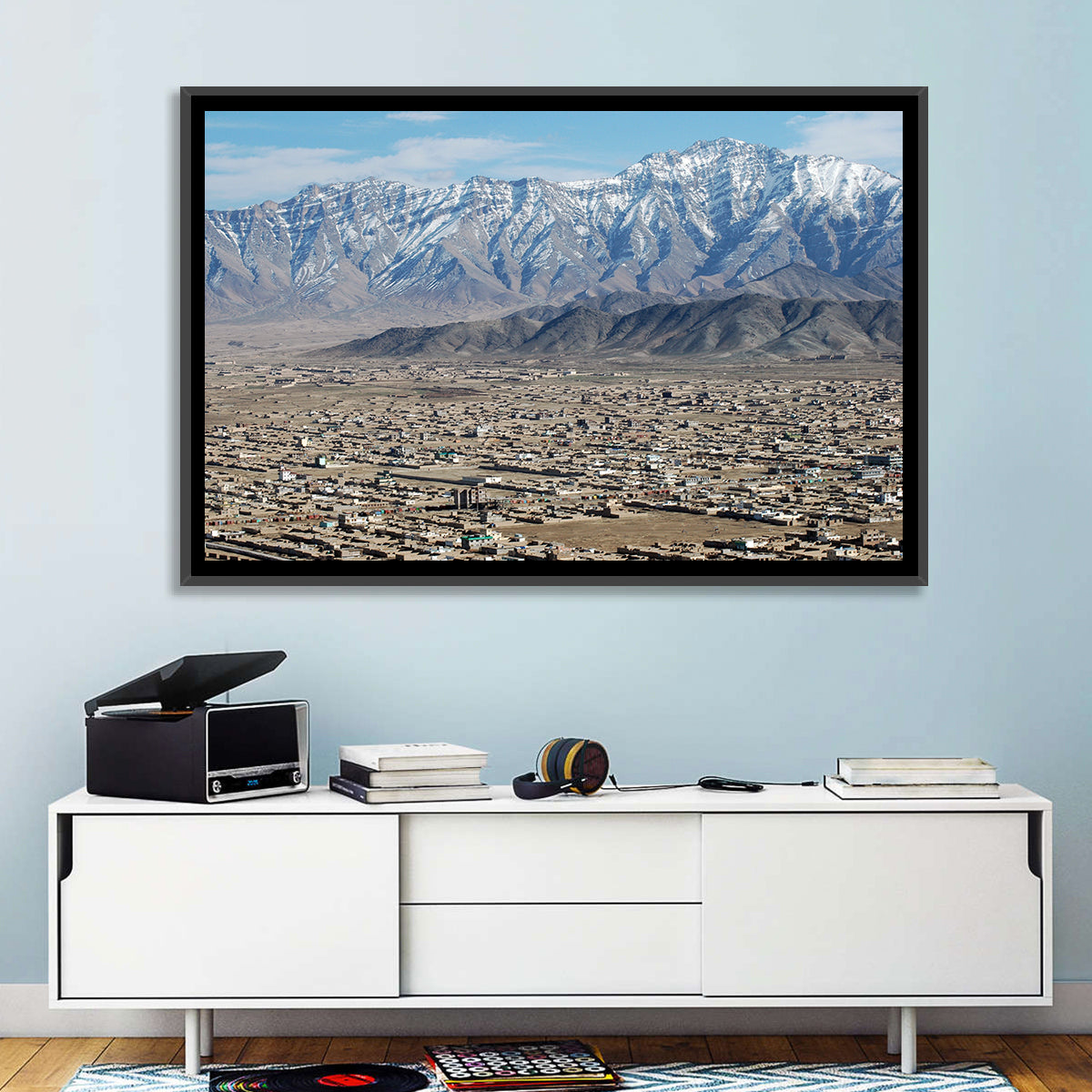 Kabul from Above with Snow-capped Mountains Wall Art in a room, landscape
