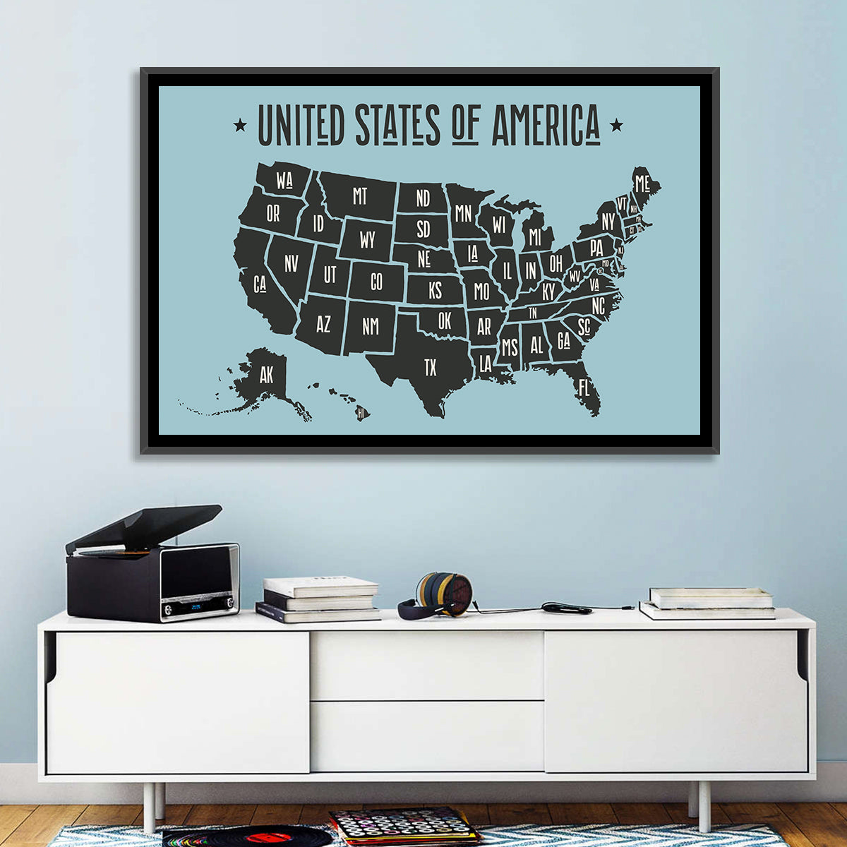 Minimalist USA Map with State Abbreviations Wall Art in a room, landscape