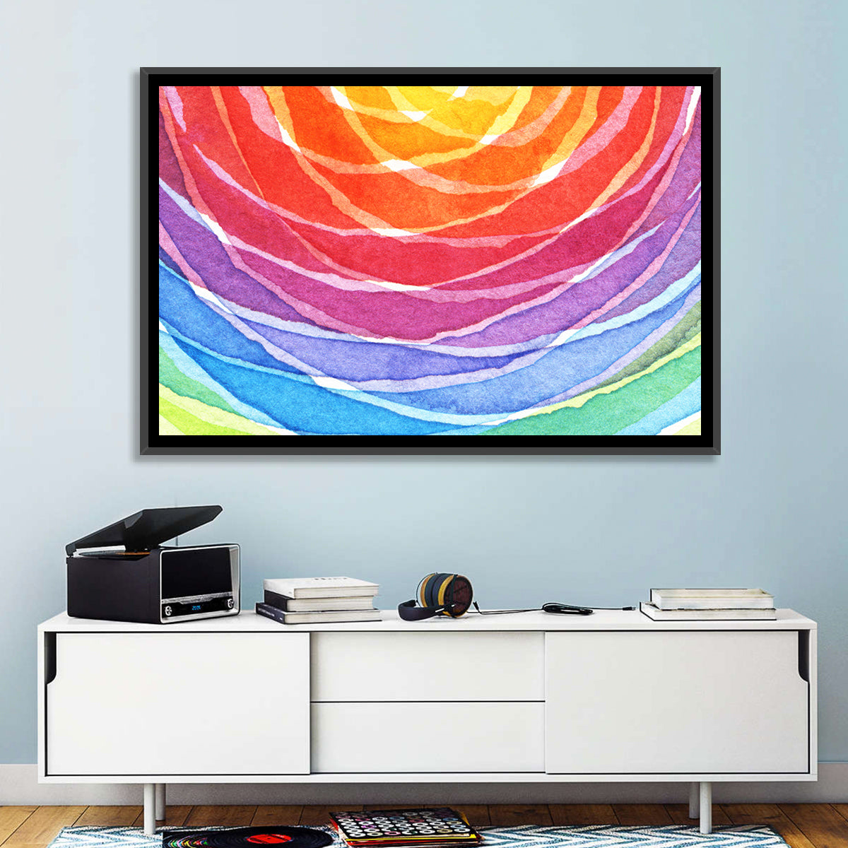 Radiant Rainbow Watercolor Arcs Wall Art in a room, landscape
