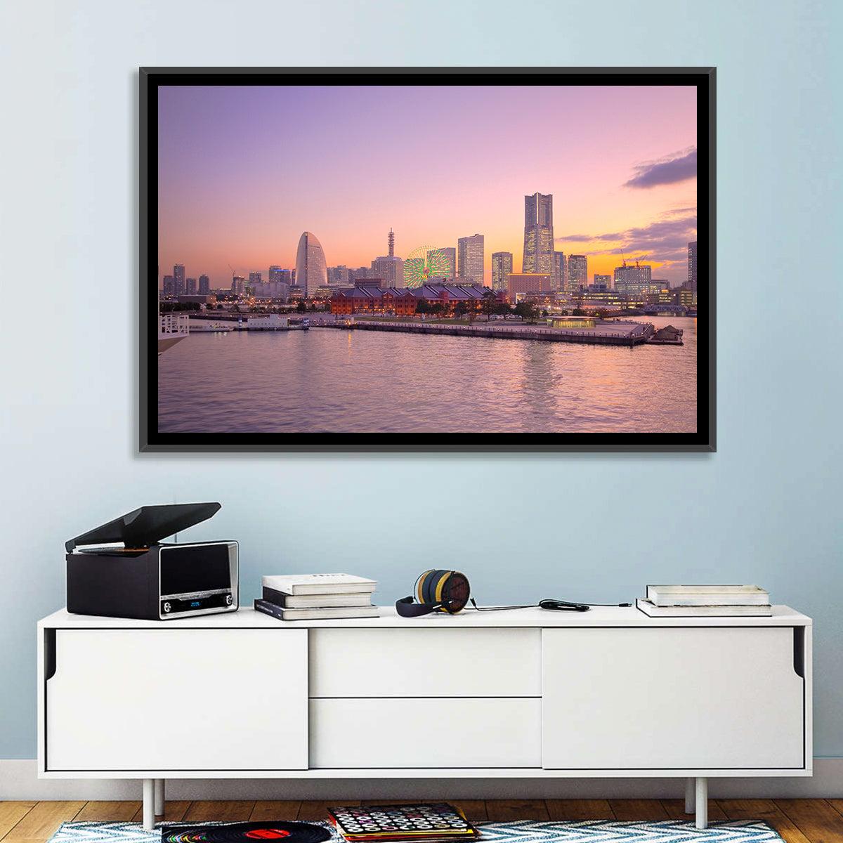 Yokohama Harbor Twilight Wall Art in a room, landscape