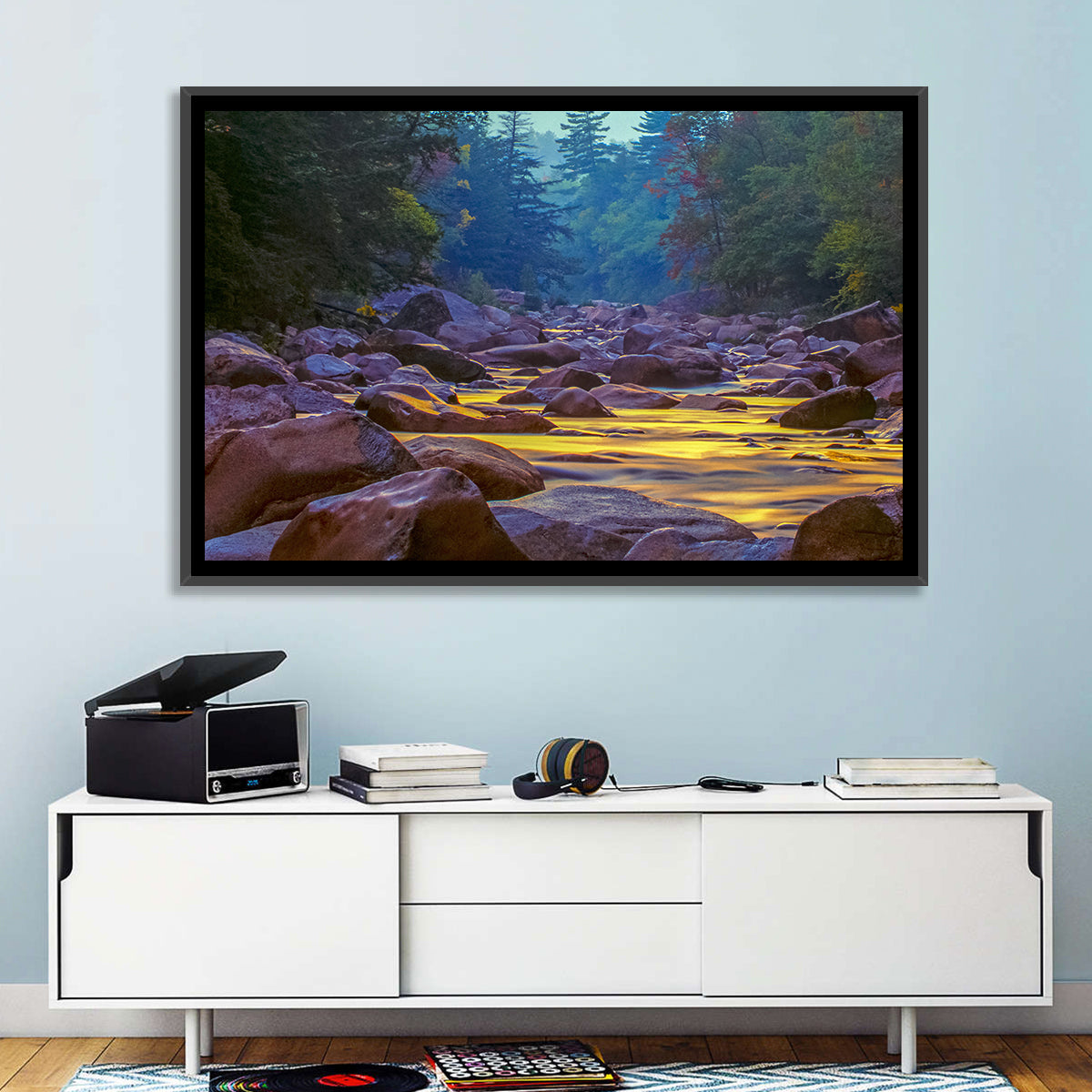 Swift River at Golden Hour, New Hampshire Wall Art in a room, landscape