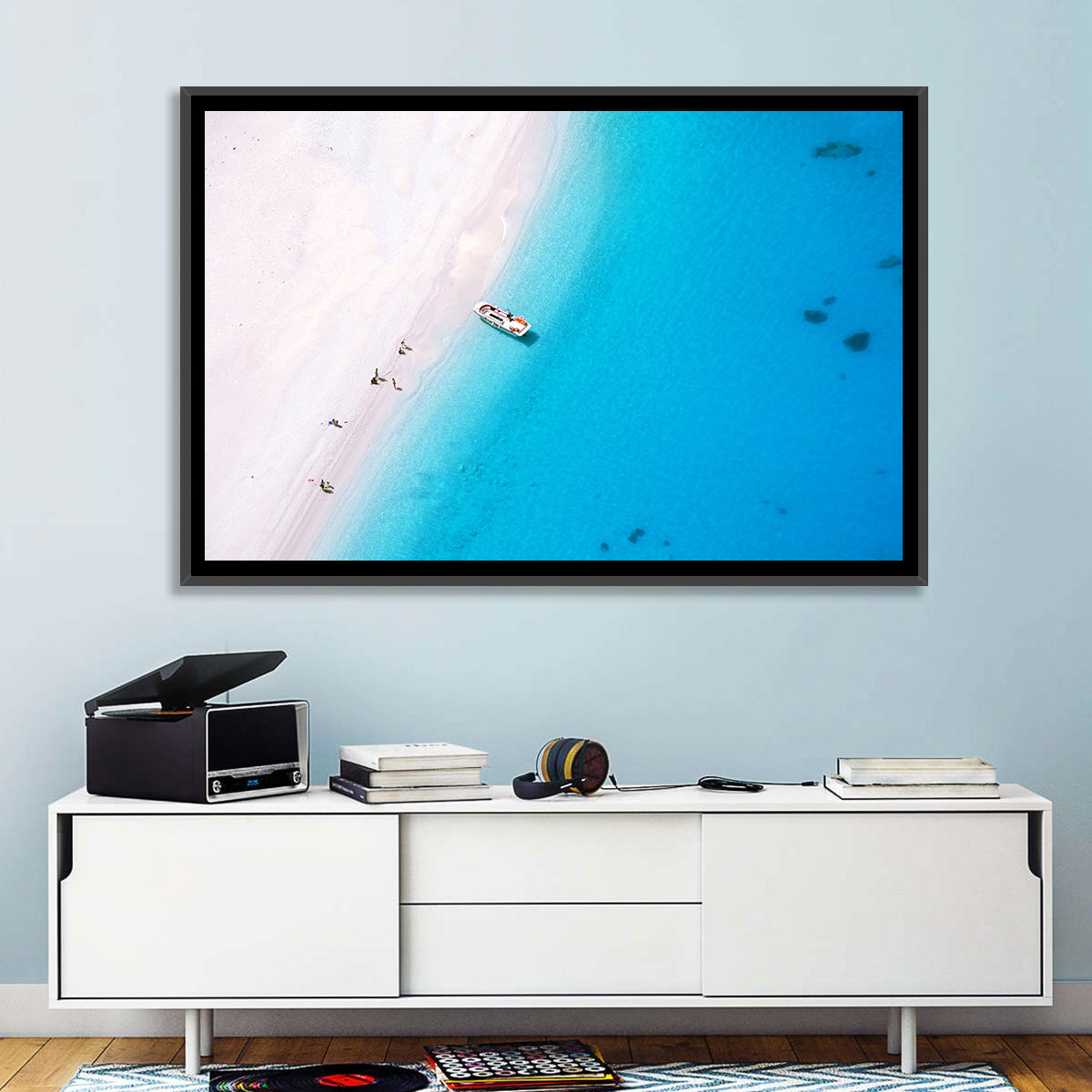 Aerial Beach Bay with White Boat Wall Art