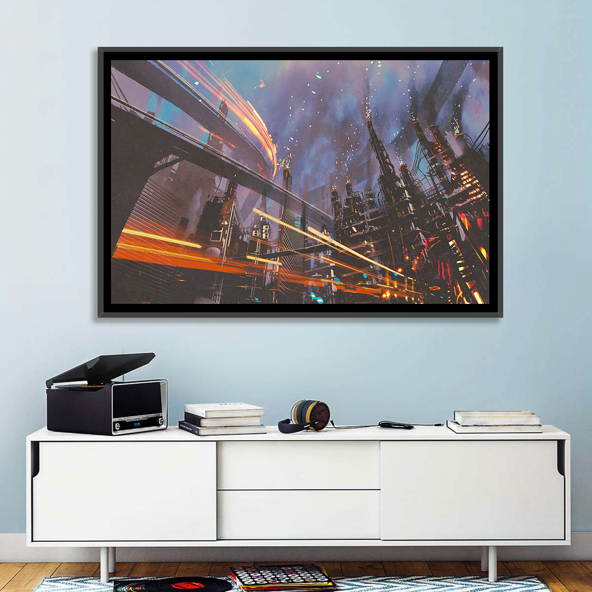 Futuristic Industrial Cityscape Wall Art in a room, landscape