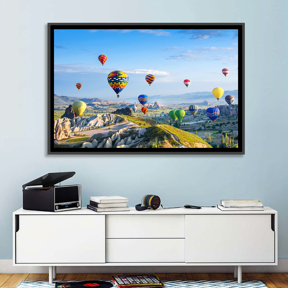 Cappadocia Hot Air Balloons Over Rock Valleys Wall Art in a room, landscape