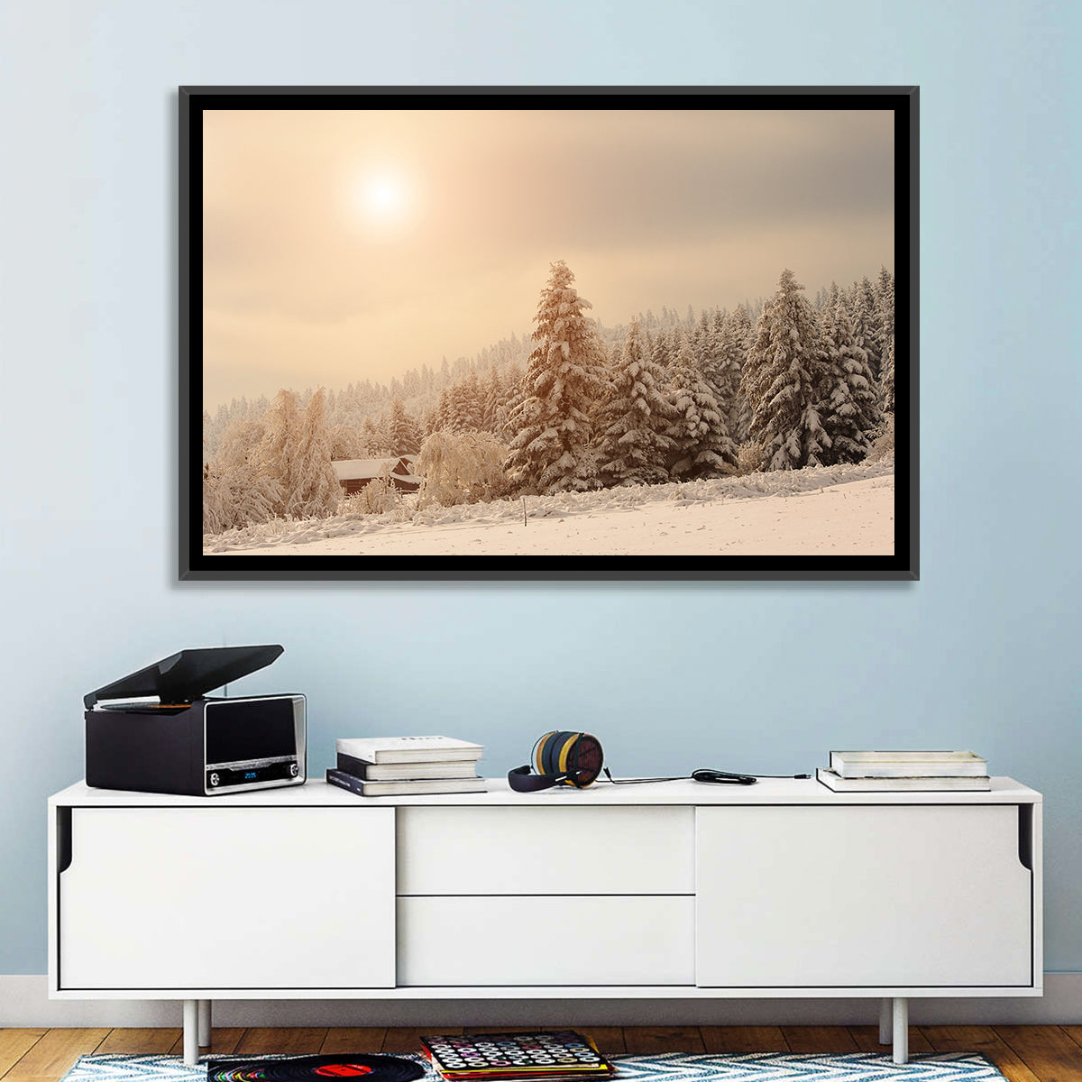 Snowy Pine Forest at Golden Hour Wall Art in a room, landscape