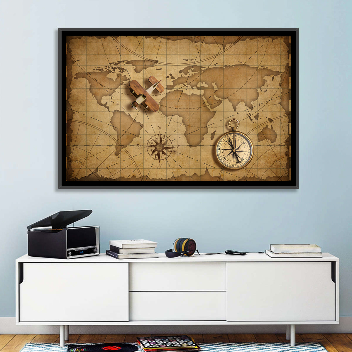 Retro Map with Biplane and Compass Wall Art in a room, landscape