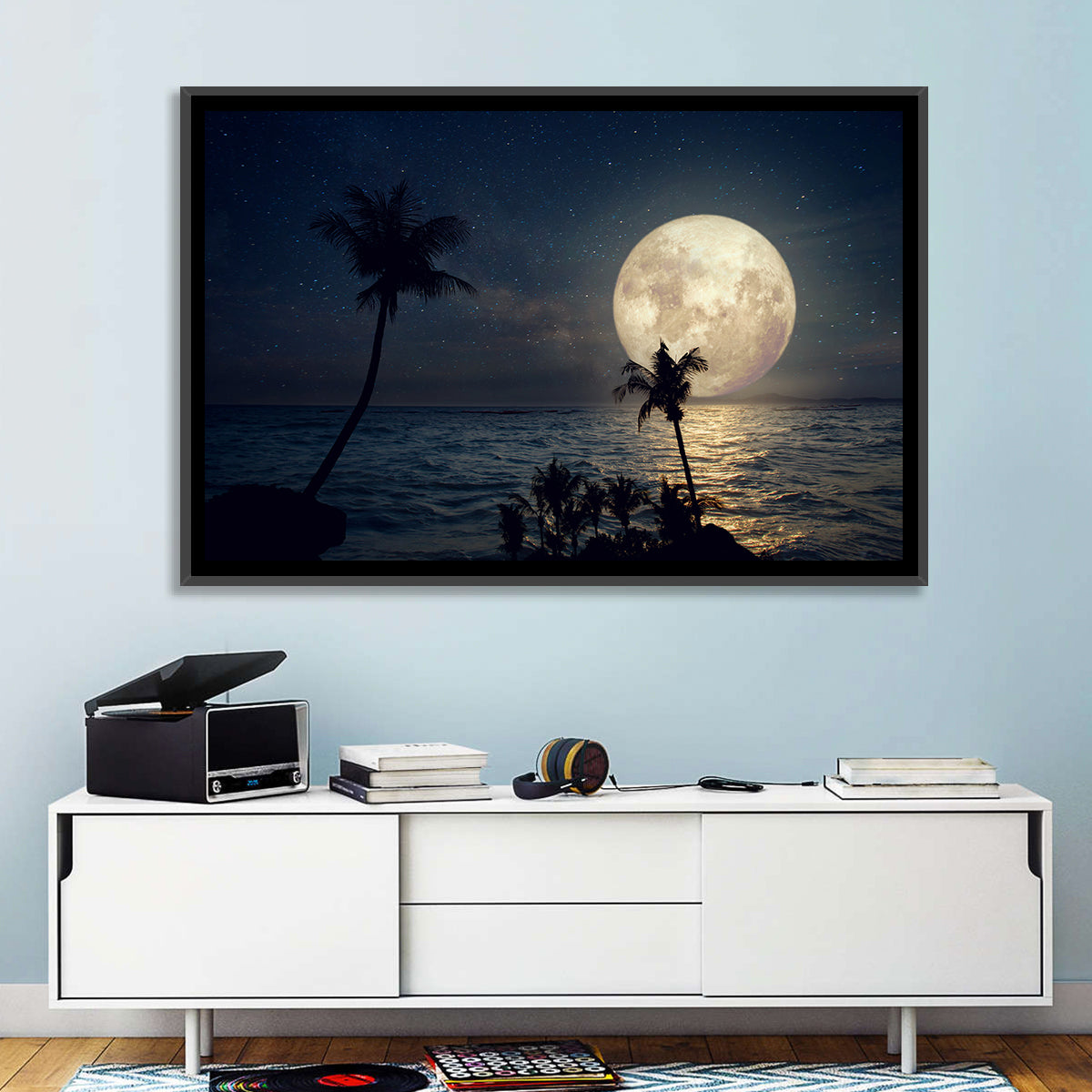 Supermoon Over Tropical Beach Wall Art in a room, landscape