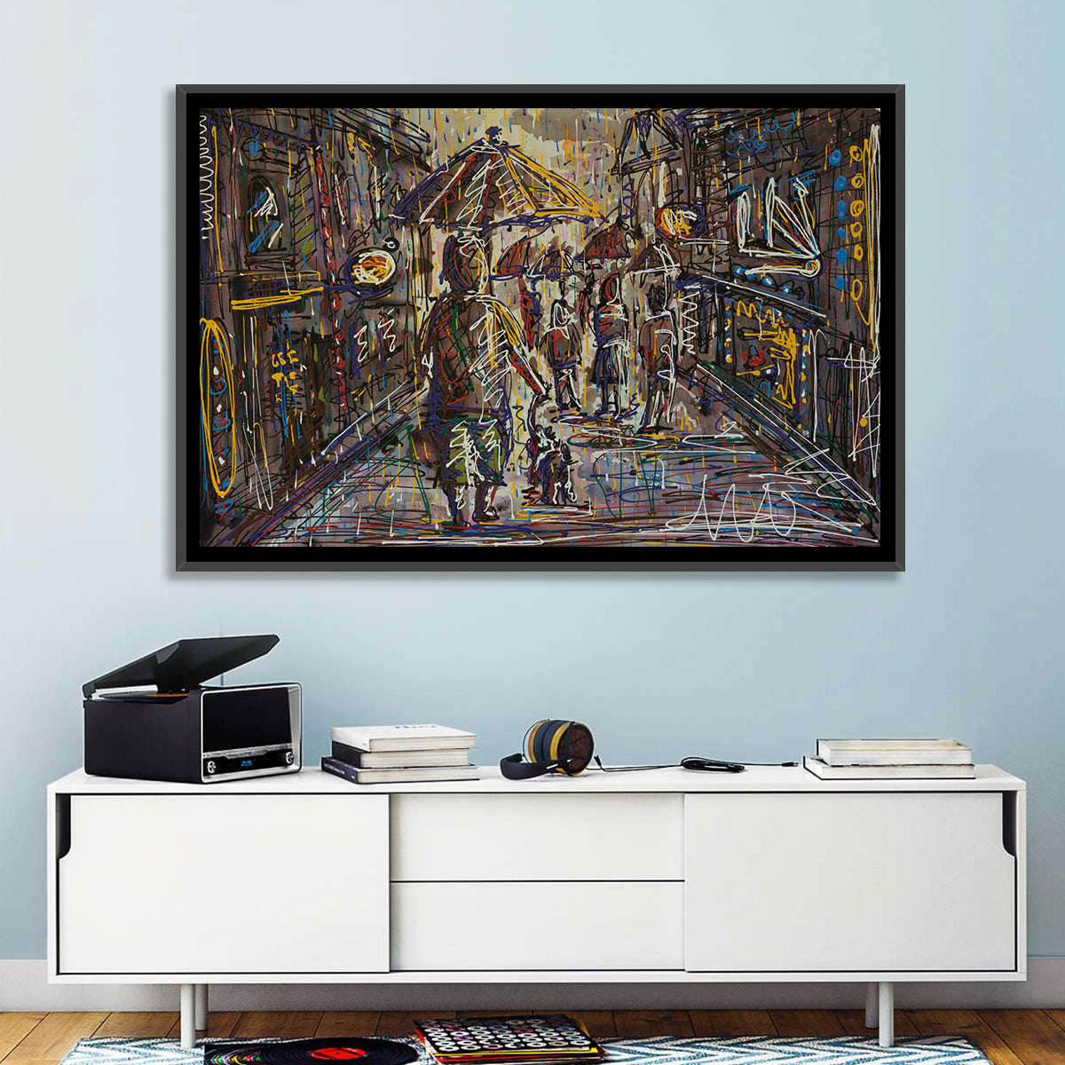 Rainy City Street Wall Art in a room, landscape