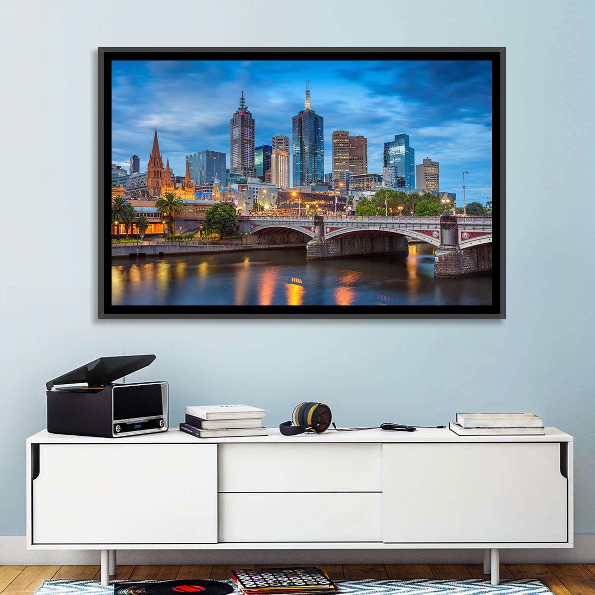 Melbourne Blue Hour Skyline Wall Art in a room, landscape