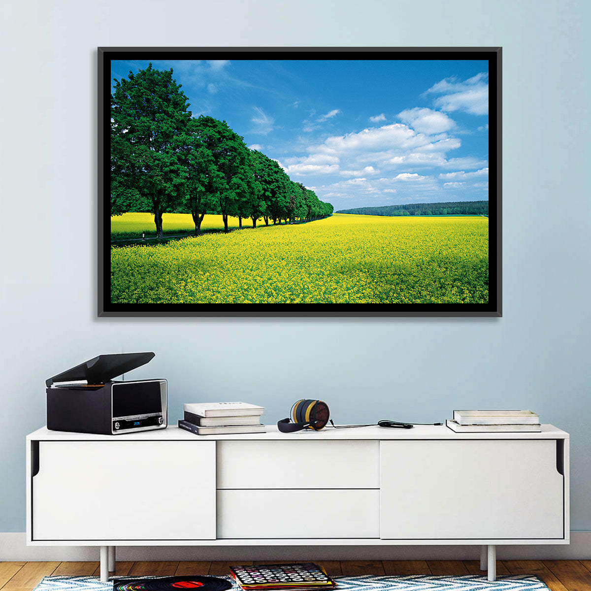 Spring Field of Yellow Flowers Wall Art in a room, landscape