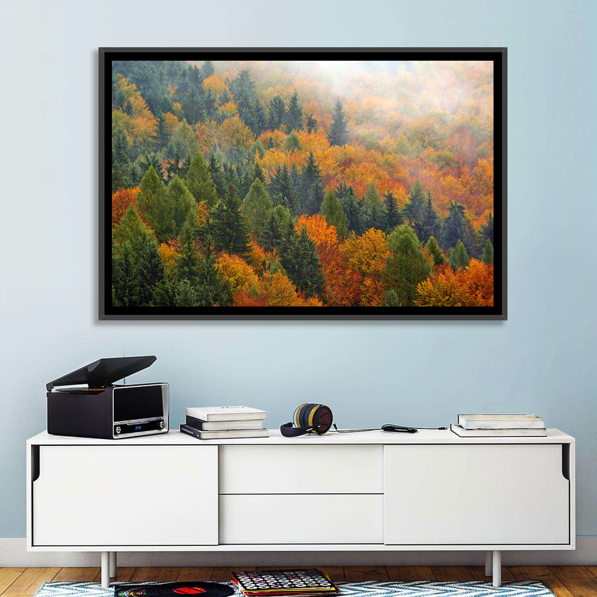 Misty Autumn Forestscape Wall Art in a room, landscape