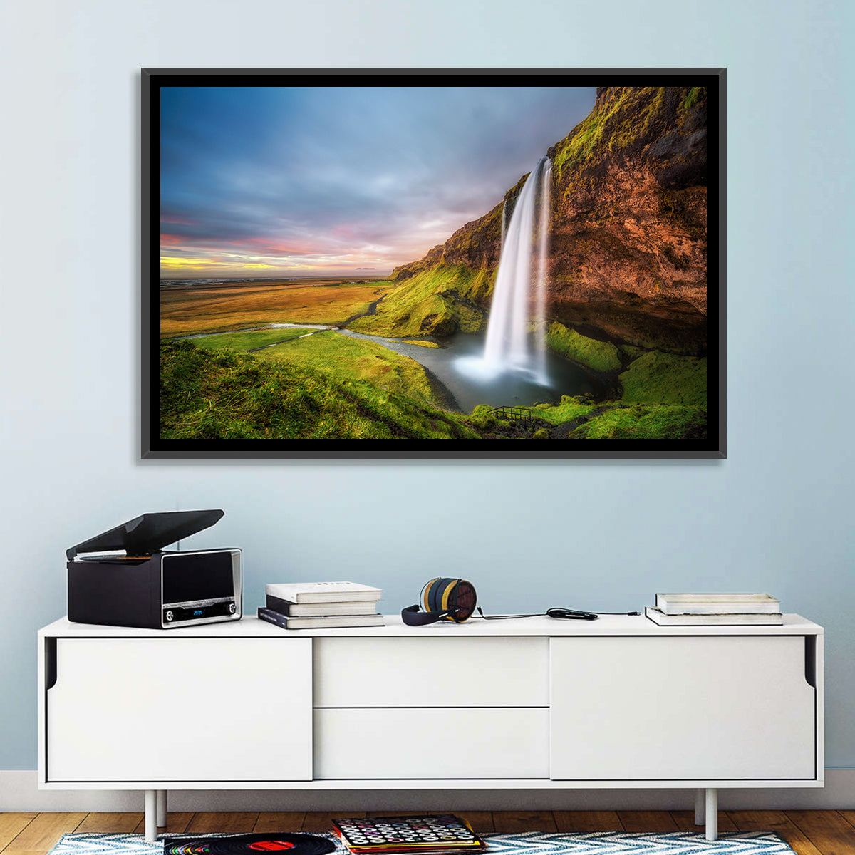 Seljalandsfoss Waterfall Wall Art in a room, landscape