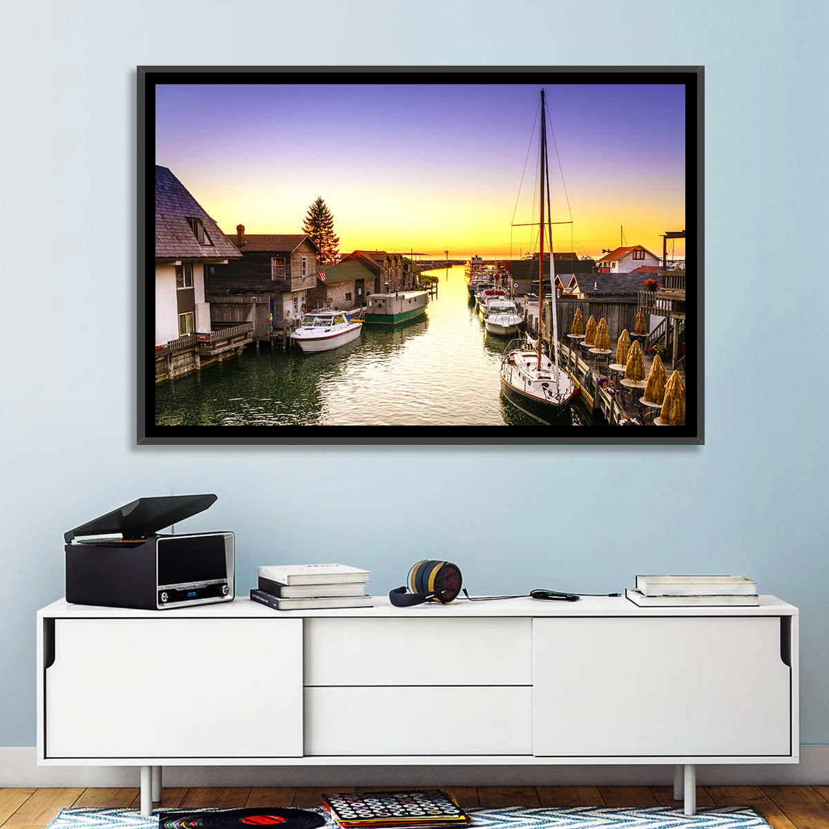Leland Fishtown Sunset Wall Art in a room, landscape
