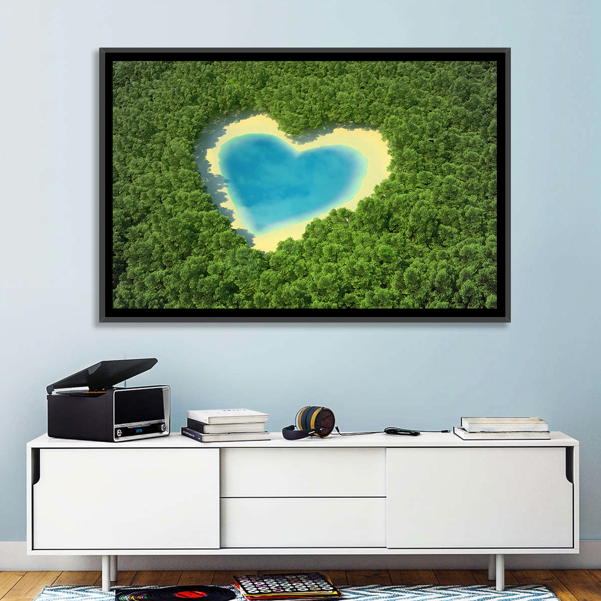 Heart-shaped Pond Aerial View Wall Art in a room, landscape