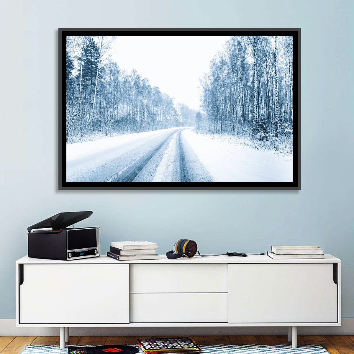 Tire Tracks on Snowy Road Wall Art in a room, landscape