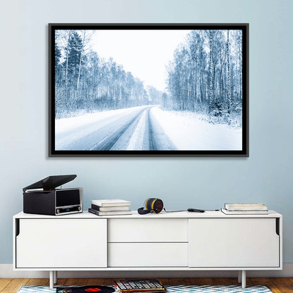 Tire Tracks on Snowy Road Wall Art