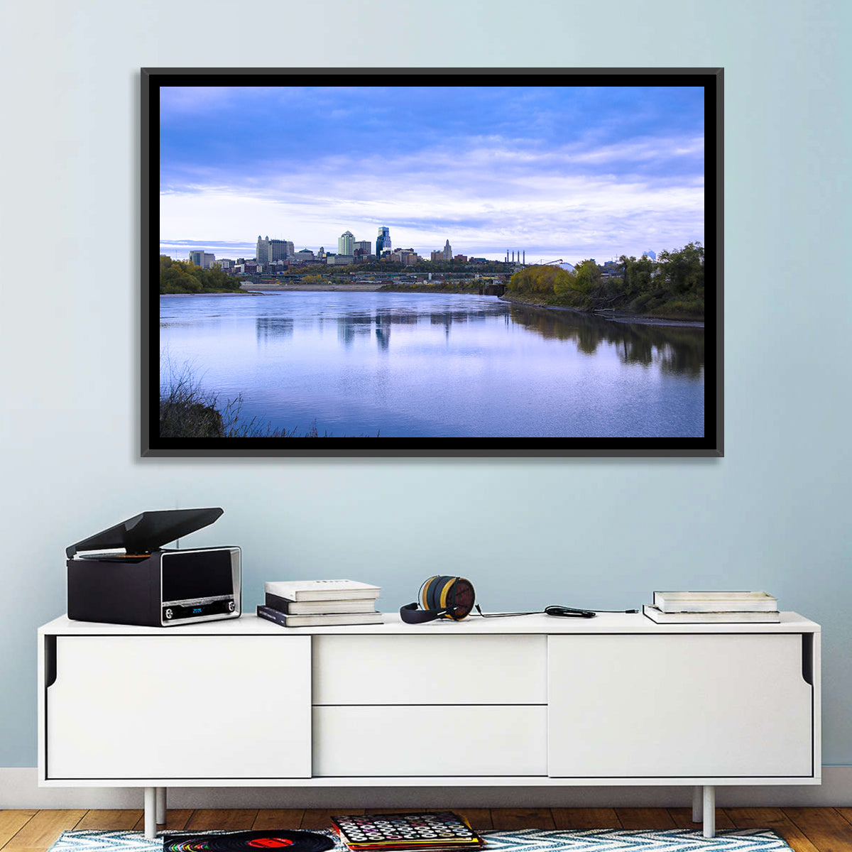 Kansas City Skyline at Dusk Wall Art in a room, landscape