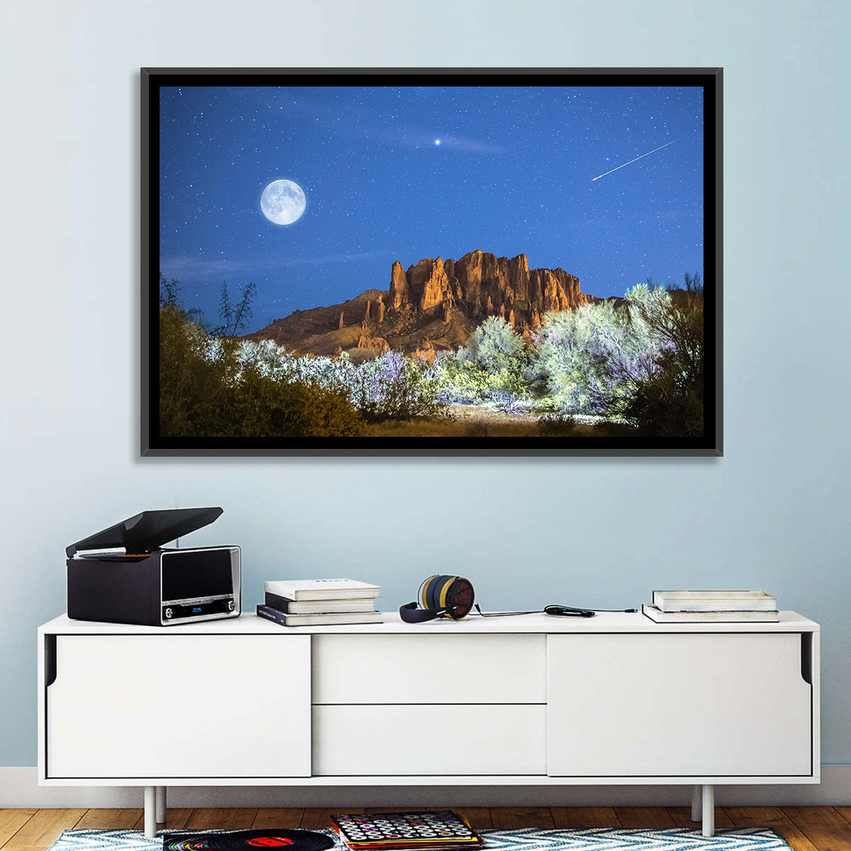 Moonlit Superstition Mountains Arizona Wall Art in a room, landscape