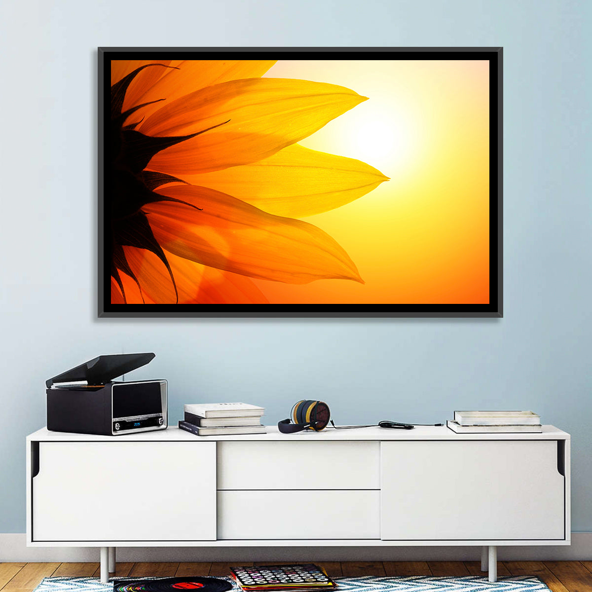 Backlit Sunflower Petals Wall Art in a room, landscape