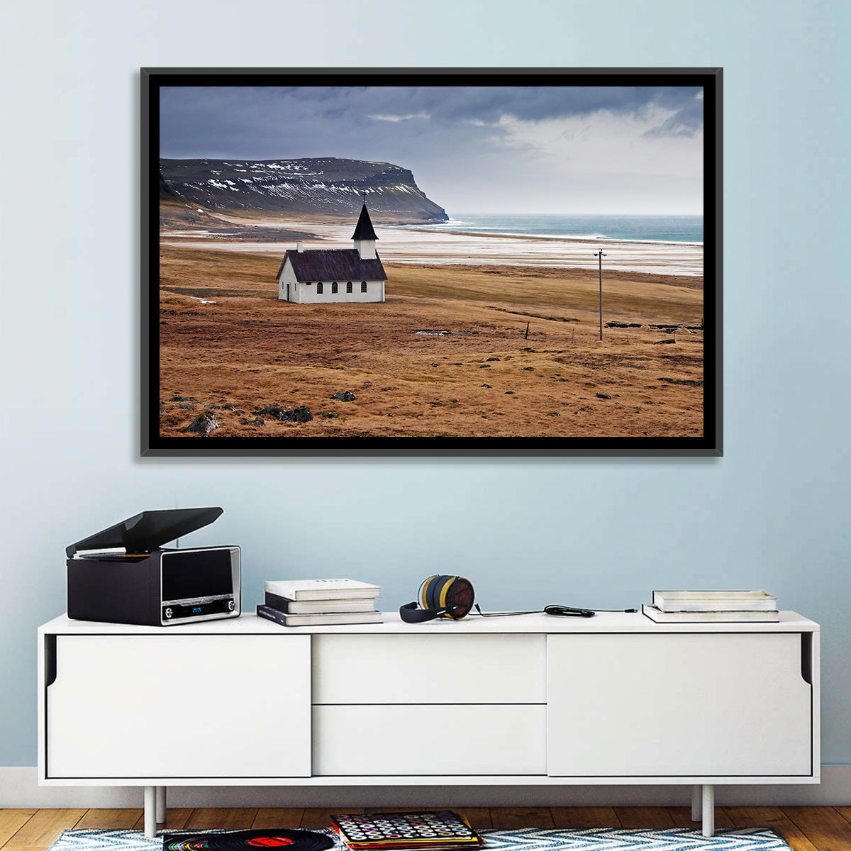 Icelandic Church with Dark Steeple Wall Art in a room, landscape