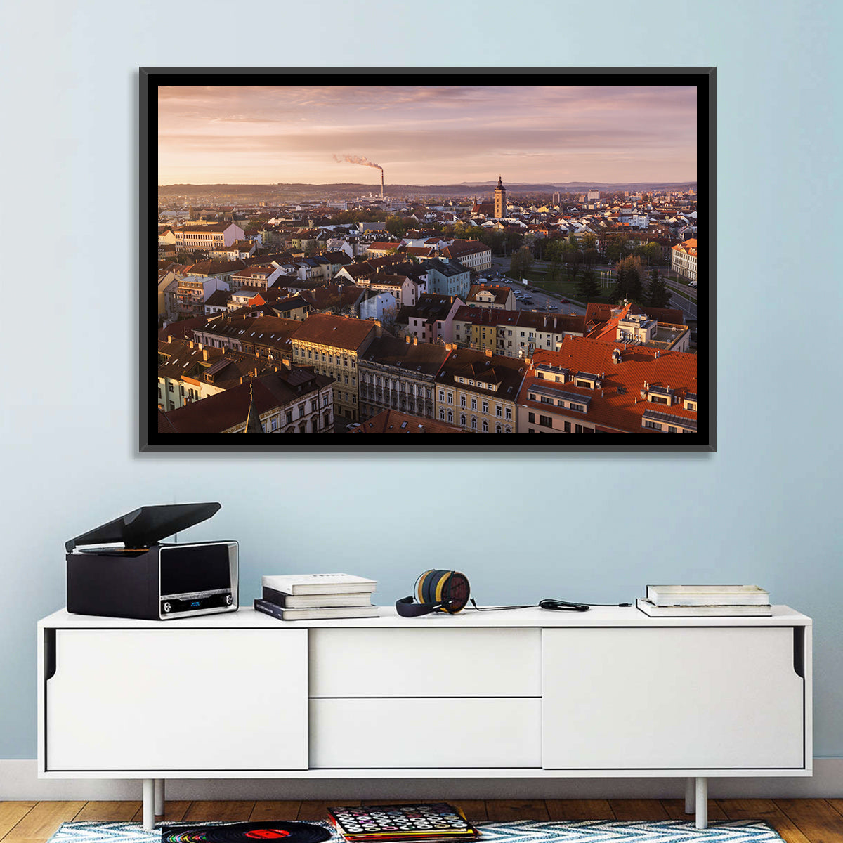 Red Tiled Rooftops at Golden Hour Wall Art in a room, landscape