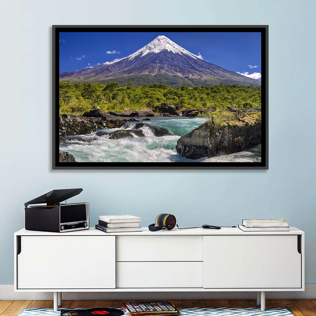 Osorno Volcano Over Petrohue Rapids Wall Art in a room, landscape