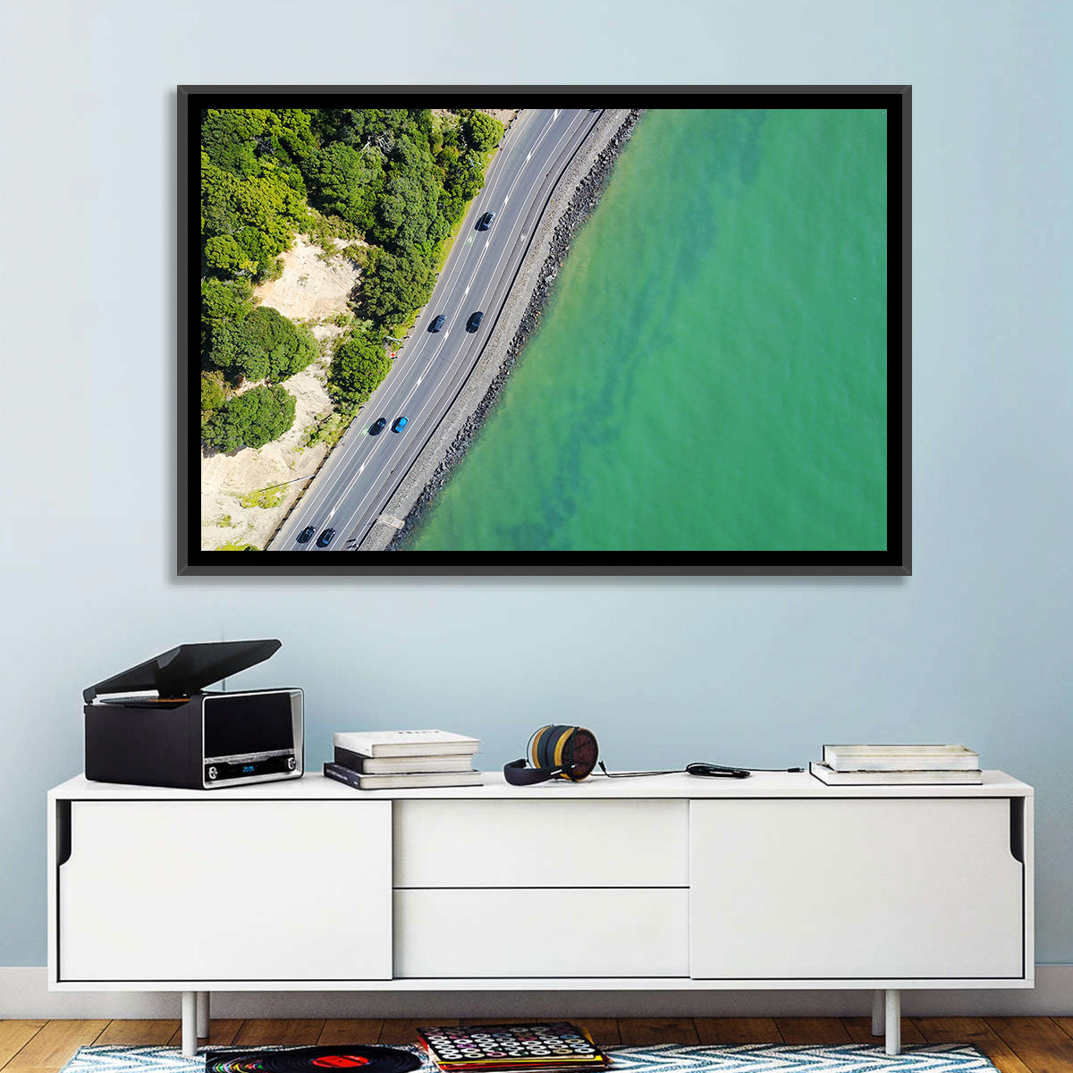 Auckland Coastal Highway Aerial View Wall Art in a room, landscape