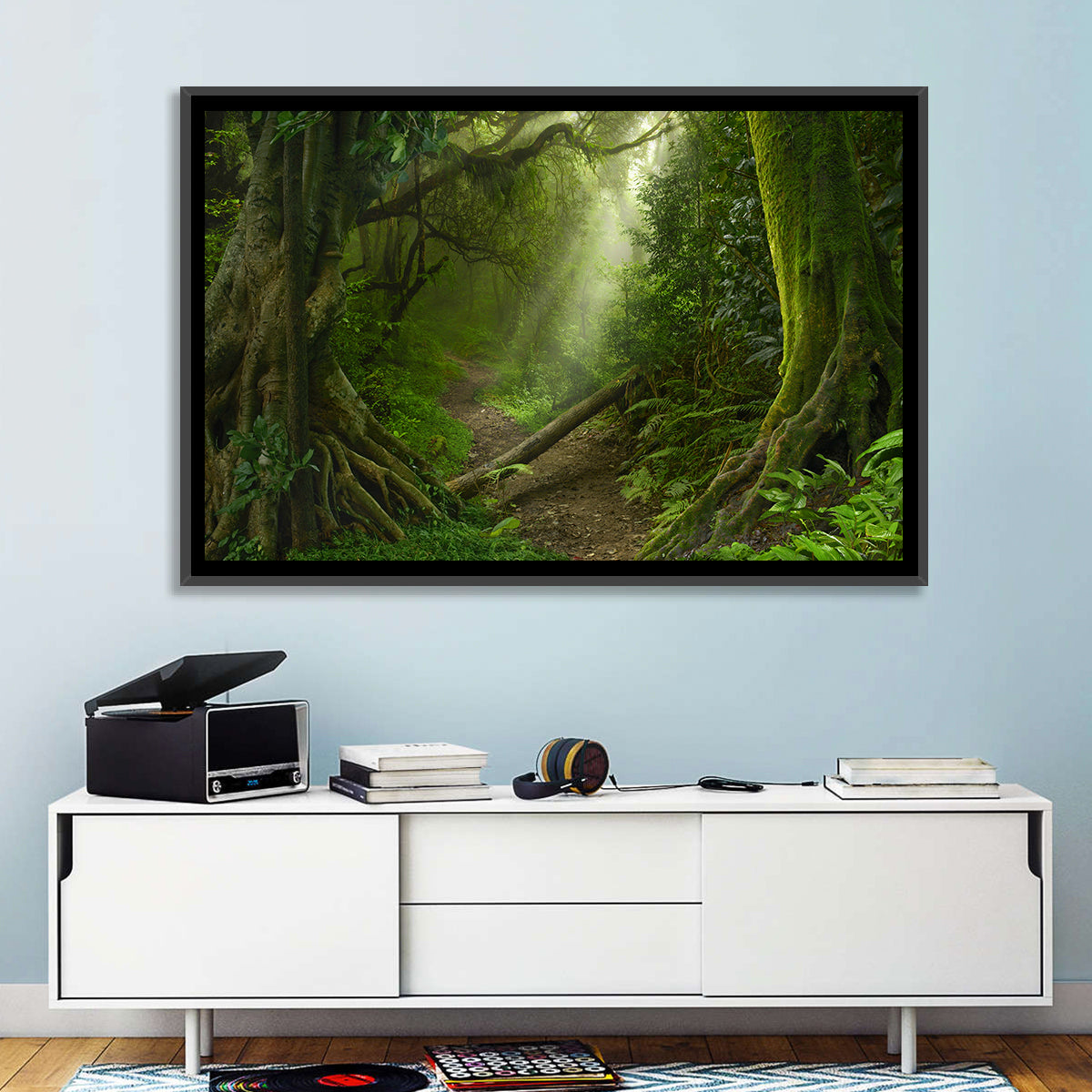 Moss-covered Rainforest Path Wall Art in a room, landscape