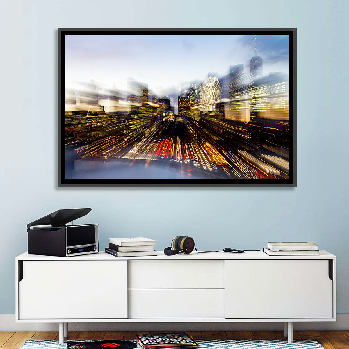 Zoom Burst Skyline Abstract Wall Art in a room, landscape