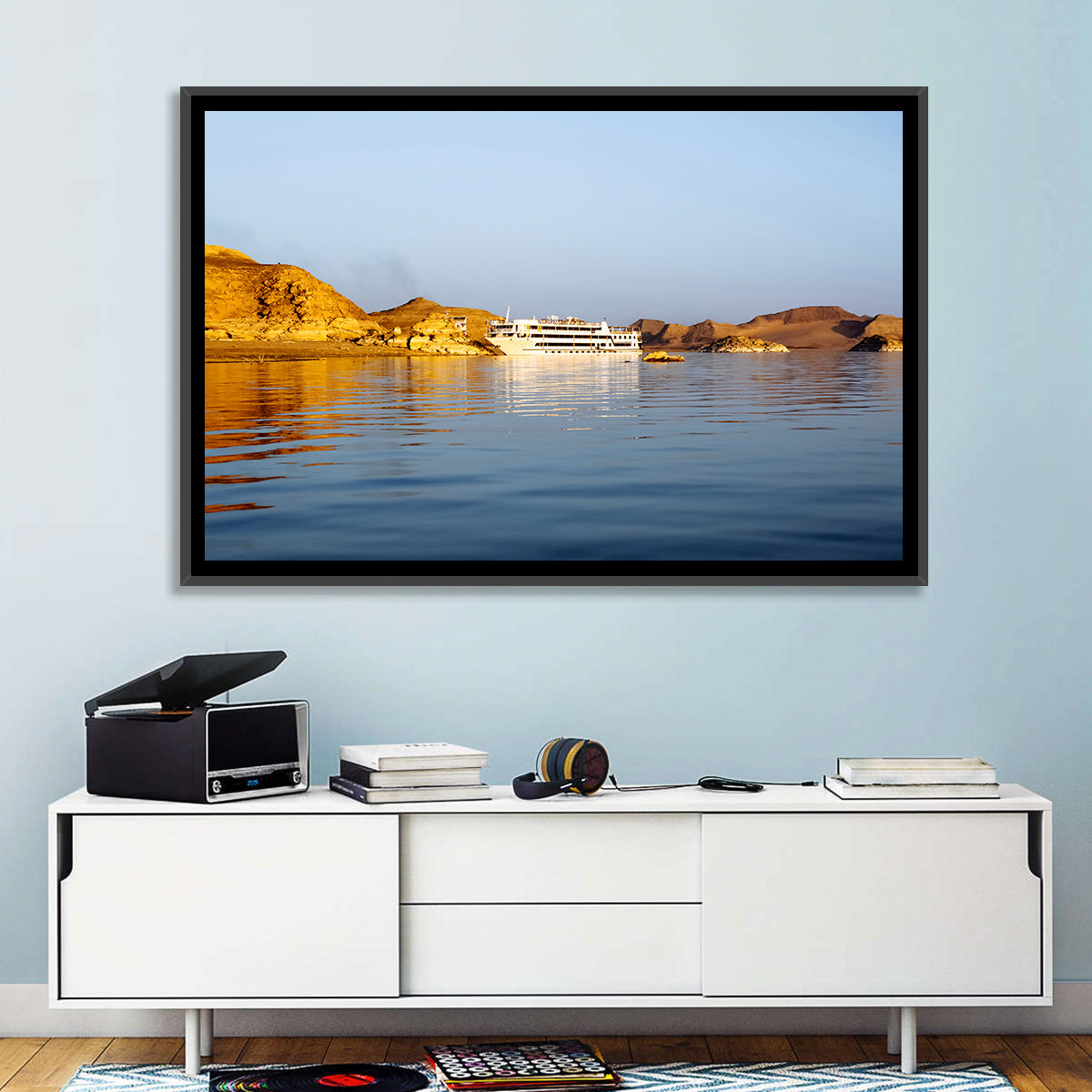 Lake Nasser Cruise Ship at Golden Hour Wall Art in a room, landscape