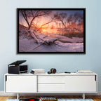 Sunset Over Snowy Forest Lake Wall Art