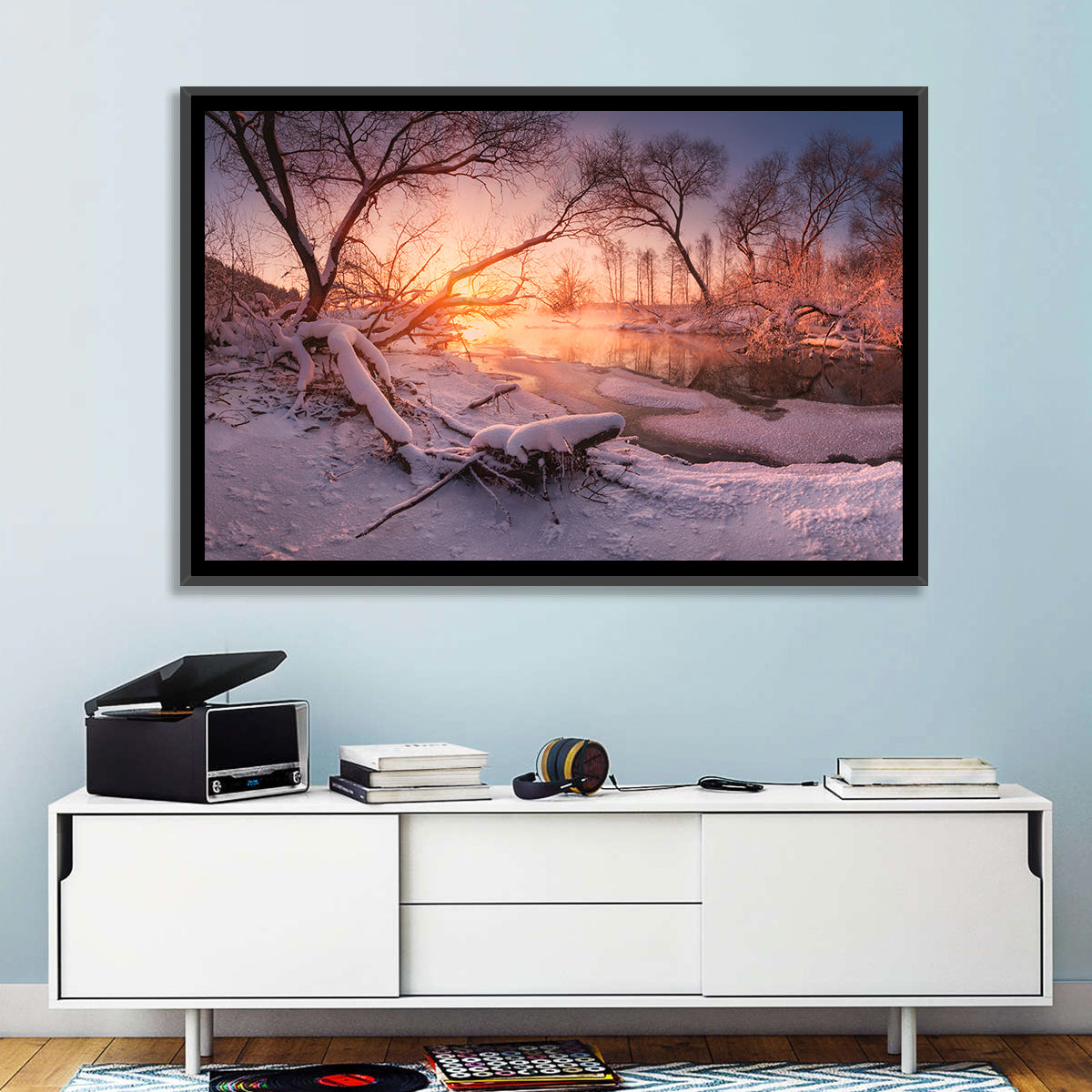 Sunset Over Snowy Forest Lake Wall Art