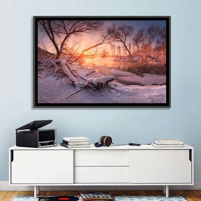 Sunset Over Snowy Forest Lake Wall Art